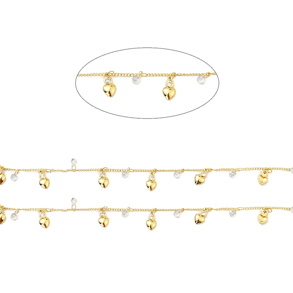 

PandaHall Rack Plating Brass Curb Chains, with Clear Cubic Zirconia Heart Charms, Long-Lasting Plated, Unwelded, with Spool, Cadmium Free &...
