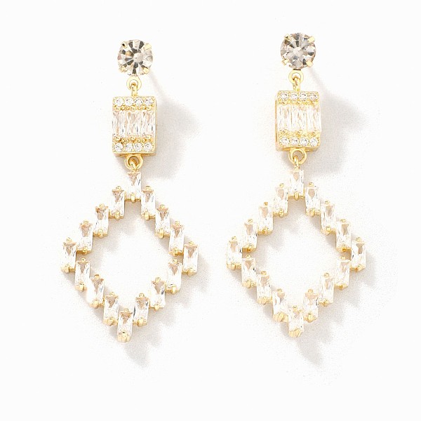 Fashionable Brass Pave Clear Cubic Zirconia Rhombus Stud Earrings