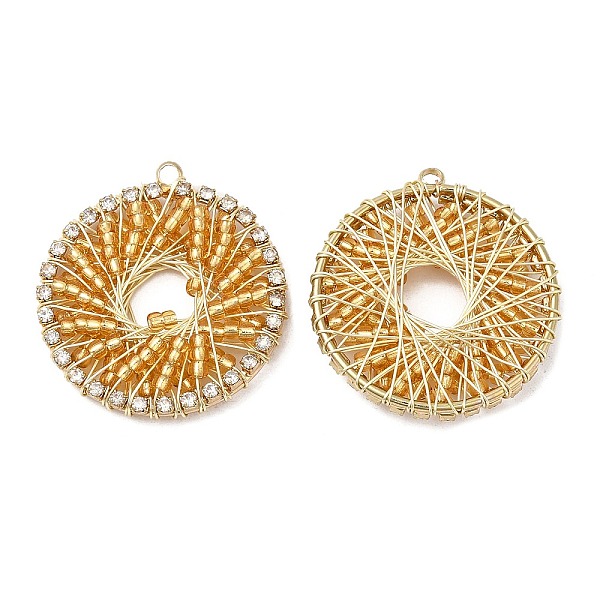 

PandaHall Glass Seed Beads Copper Wire Wrapped Pendants, Flat Round Charms with Light Gold Plated Brass Crystal Rhinestone Frame, Orange...