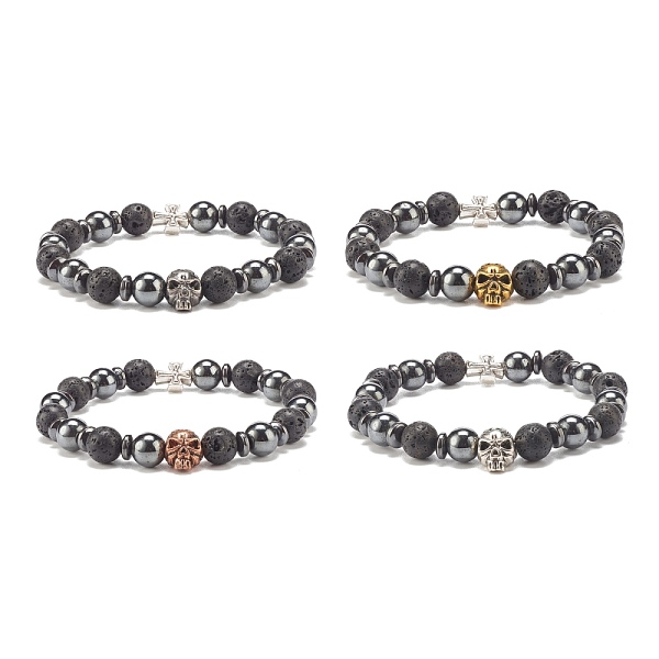 

PandaHall 4Pcs 4 Color Natural Lava Rock & Synthetic Hematite Stretch Bracelets Set, Cross and Skull Alloy Beaded Bracelets for Women, Mixed...