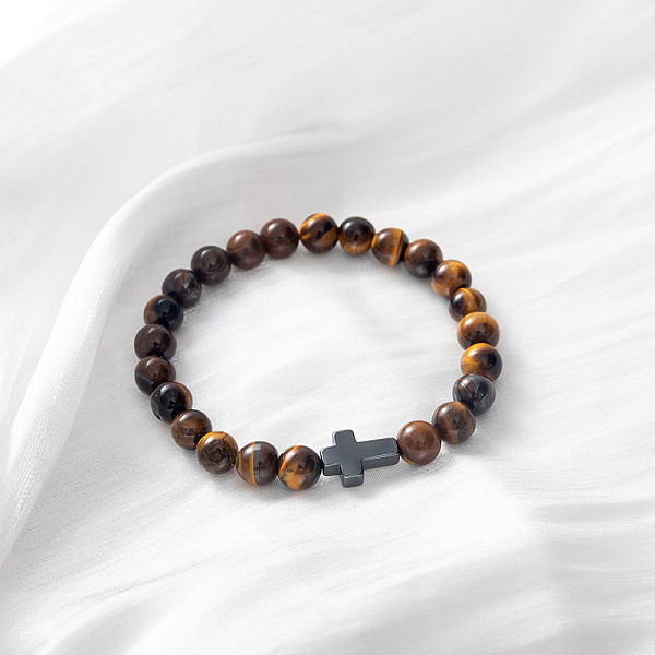 

PandaHall Natural Tiger Eye & Cross Stretch Bracelet Tiger Eye Cross