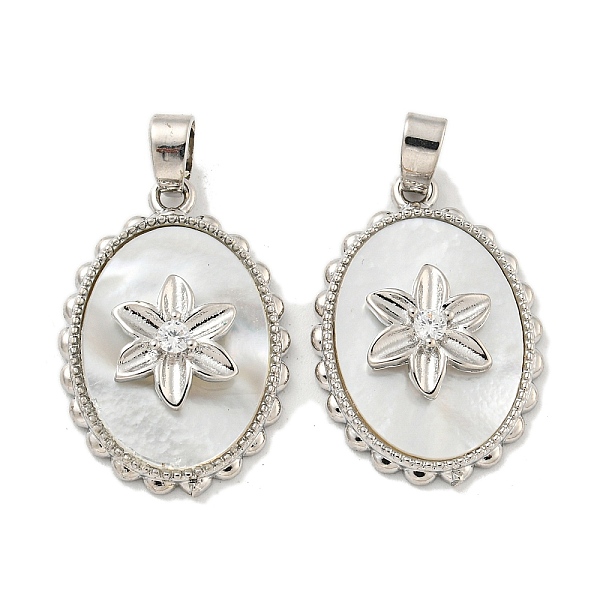 

PandaHall Brass Micro Pave Clear Cubic Zirconia Pendants, with Shell, Oval with Flower, Platinum, 23x15.5x3.5mm, Hole: 5x3mm Brass+Cubic...