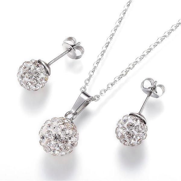 

PandaHall 304 Stainless Steel Jewelry Sets, Pendant Necklaces and Ball Stud Earrings, with Polymer Clay Rhinestones, Round, Crystal, 17.7..., Clear
