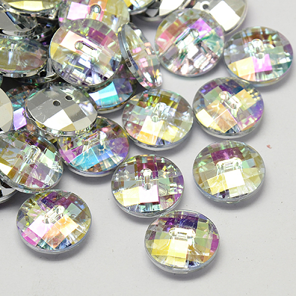PandaHall Taiwan Acrylic Rhinestone Buttons, Faceted, 2-Hole, Disc, Colorful, 13x4.5mm, Hole: 1mm Acrylic Rhinestone Disc