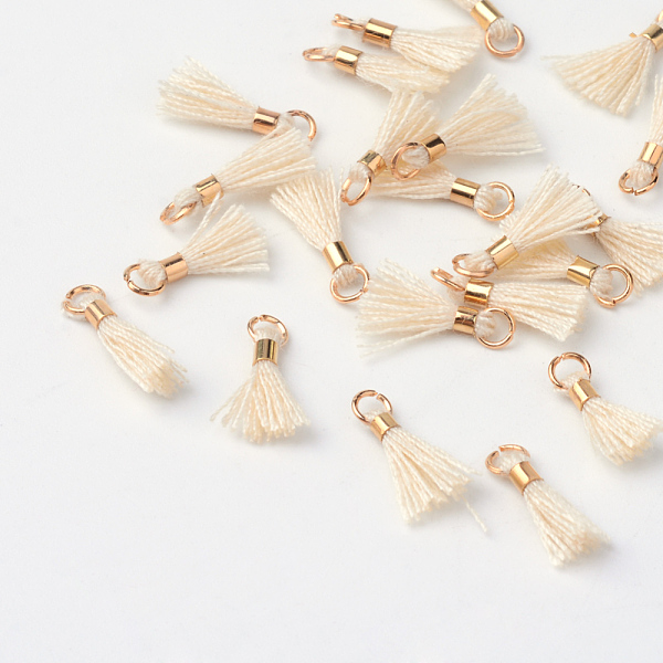 

PandaHall Polycotton(Polyester Cotton) Tassel Pendant Decorations, with Unwelded Iron Jump Rings, Golden, PapayaWhip, 10~16x2mm, Hole: 1.5mm..., Orange