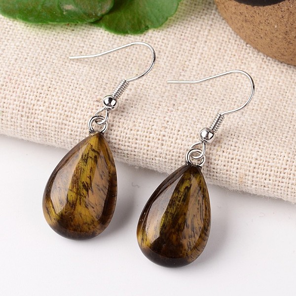 

PandaHall Natural Tiger Eye Teardrop Dangle Earrings, with Platinum Plated Brass Findings, 41mm, Pin: 0.7mm Tiger Eye
