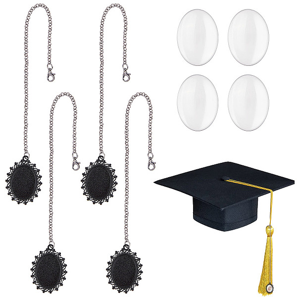 

PandaHall SUNNYCLUE Alloy Graduation Cap Brim Chains Tassel Photo Charms, with Glass Cabochons, Oval, Electrophoresis Black, 260x3mm, Tray..., Clear