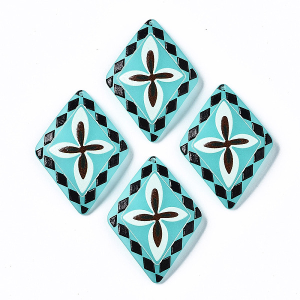 PandaHall 3D Printed Acrylic Pendants, Rhombus with Flower Pattern, Dark Turquoise, 47.5x34.5x6mm, Hole: 1.6mm, Side Length: 30mm Acrylic...