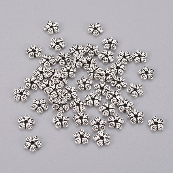 

PandaHall Tibetan Style Alloy Spacer Beads, Flower, Antique Silver, 7x7x2mm, Hole: 1mm Alloy Flower