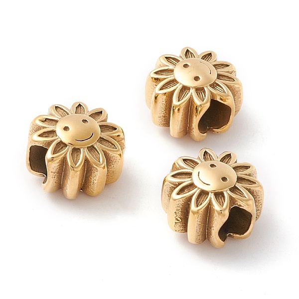 

PandaHall Ion Plating(IP) 304 Stainless Steel European Beads, Large Hole Beads, Manual Polishing, Flower with Smiling Face, Golden, 12x8.5mm...