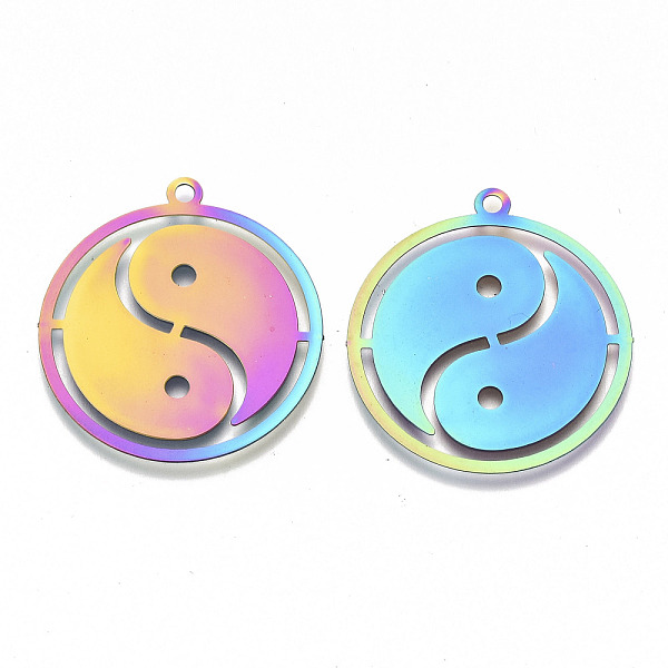 

PandaHall Feng Shui Ion Plating(IP) 201 Stainless Steel Pendants, Etched Metal Embellishments, Flat Round with YinYang, Rainbow Color...