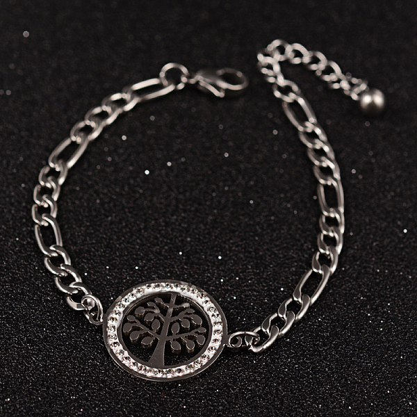 

PandaHall Tree of Life 304 Stainless Steel Link Bracelets, with Rhinestones and Lobster Claw Clasps, Stainless Steel Color, 6-7/8 inch..., Clear