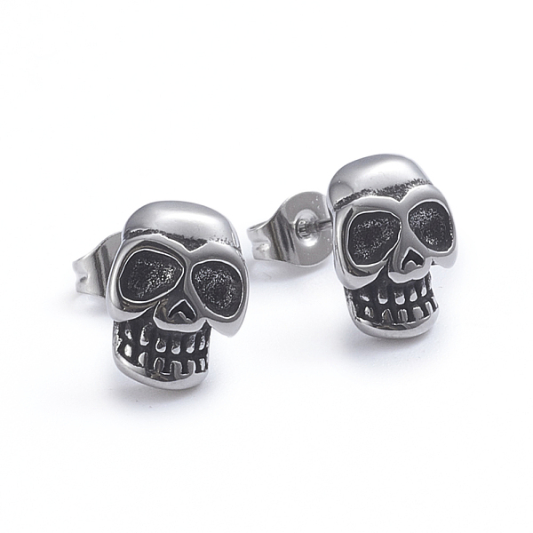 

PandaHall Retro 304 Stainless Steel Stud Earrings, with Ear Nuts, Skull, Antique Silver, 11x8.5mm, Pin: 0.7mm 304 Stainless Steel Skull