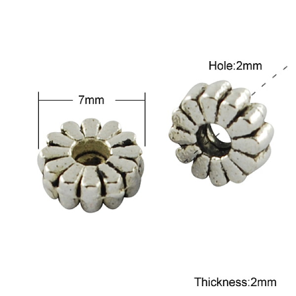 

PandaHall Tibetan Style Spacer Beads, Cadmium Free & Nickel Free & Lead Free, Donut, Antique Silver, 7x2mm, Hole: 2mm Alloy Donut