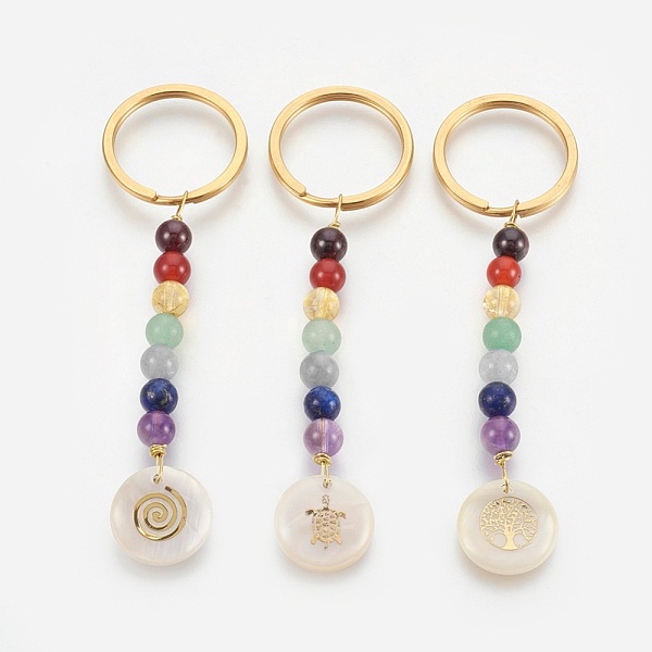

PandaHall Natural Mixed Gemstone Keychain, with 304 Stainless Steel Split Key Rings and Freshwater Shell Pendants, Golden, 91mm Mixed Stone...