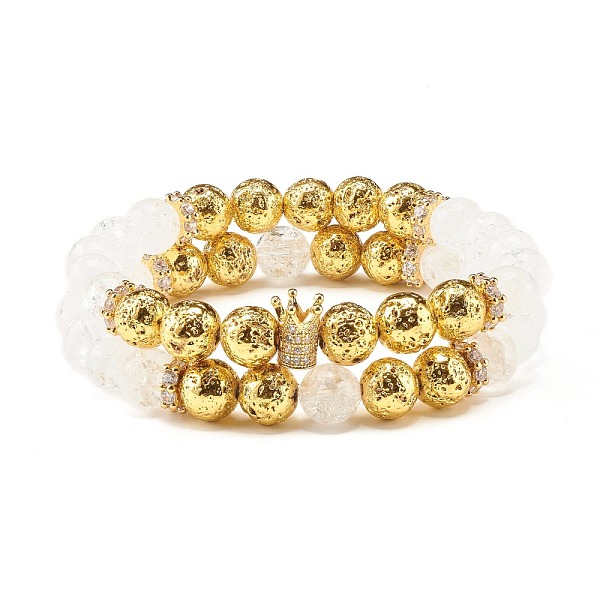 

PandaHall Natural Crackle Quartz & Lava Rock Round Beads Stretch Bracelets Set, Crown Brass Cubic Zirconia Beads Bracelets for Women, Golden...