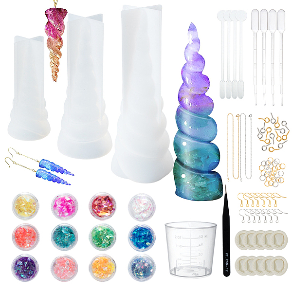 

PandaHall Olycraft DIY Jewelry Set, with Unicorn Horn Silicone Molds, Brass Cable Chain Necklace Marking, Iron Earring Hooks and Plastic..., Multicolor