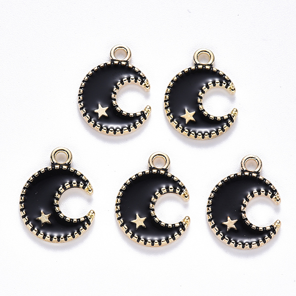 

PandaHall Alloy Enamel Pendants, Moon & Star, Light Gold, Black, 16x13x2mm, Hole: 1.8mm Alloy+Enamel Moon Black