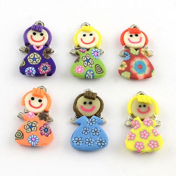 

PandaHall Handmade Zinc Alloy Polymer Clay Little Girl Pendants, Platinum Metal Color, Mixed Color, 27~29x14~15x3~4mm, Hole: 2~3mm Polymer..., Multicolor