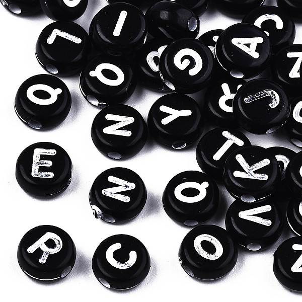 

PandaHall Craft Style Opaque Black Acrylic Beads, Horizontal Hole, Flat Round with White Letters, 7x3.2mm, Hole: 1.5mm, about 400pcs/50g...