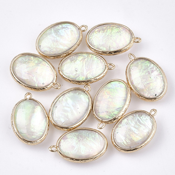 

PandaHall Resin Pendants, with Brass Findings, Oval, Golden, Colorful, 23x15x7mm, Hole: 1.2mm Brass+Resin Oval