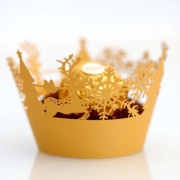 

PandaHall Cupcake Wrappers, Laser Cut Paper Liners Holders, for Christmas Party Wedding Birthday Decoration, Gold, 80x50mm Paper Others Gold