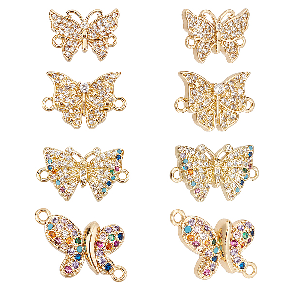 PandaHall 8Pcs 4 Style Brass Micro Pave Clear Cubic Zirconia Links, Long-Lasting Plated, Butterfly, Real 18K Gold Plated, 2pcs/style...