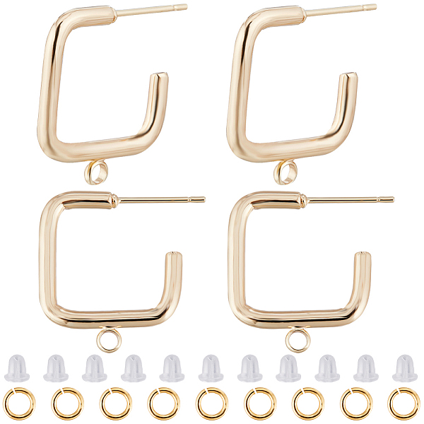 CREATCABIN 20Pcs Half Hoop Earring Findings 18K Gold Plated Brass Rectangle Stud Earrings with Loop Earrings Posts Ear Nuts Open Jump Rings for DIY Jewelry Dangle Earring Making Accessories 16x19mm