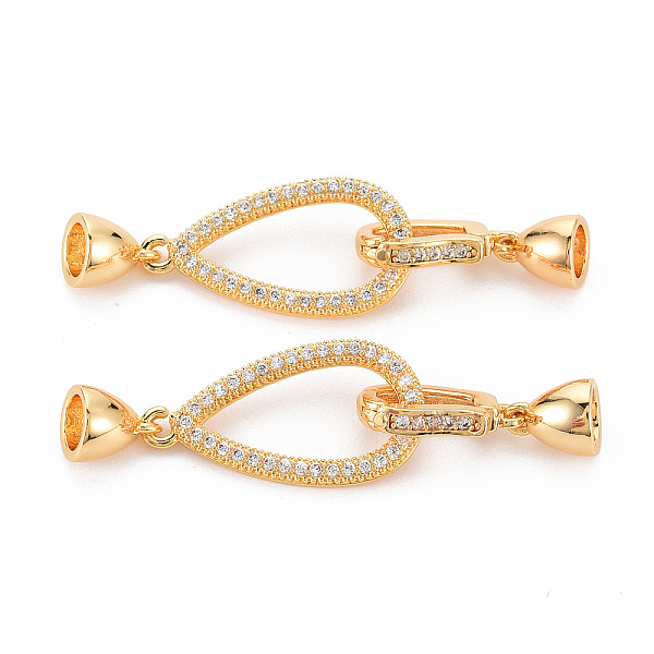 

PandaHall Brass Micro Pave Clear Cubic Zirconia Fold Over Clasps, Nickel Free, Teardrop, Real 18K Gold Plated, 13x31x2mm, Cord End: 8x6.5mm...