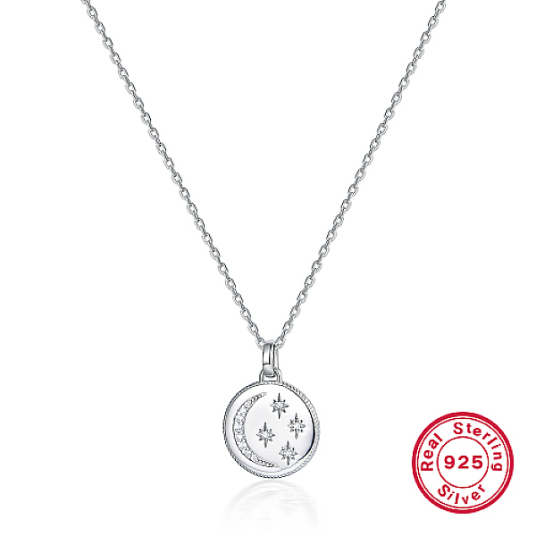 

PandaHall Rhodium Plated 925 Sterling Silver Pendant Necklaces, Moon & Star, Platinum, 15.35 inch(39cm) Sterling Silver Flat Round Clear