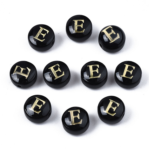

PandaHall Handmade Lampwork Beads, with Golden Plated Brass Etched Metal Embellishments, Flat Round with Alphabet, Letter.E, 8x5mm, Hole..., Black
