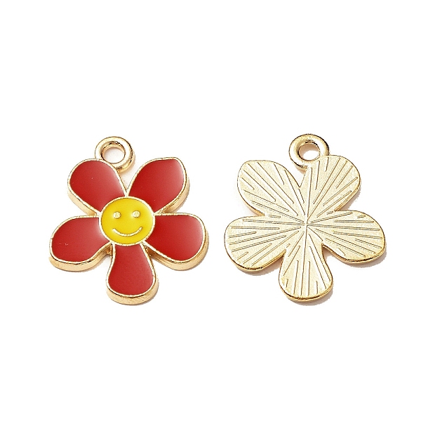 PandaHall Alloy Enamel Pendants, Flower with Smiling Face Charm, Cadmium Free & Nickel Free & Lead Free, Golden, Red, 21.2~21.3x18x1.4~1.5mm...