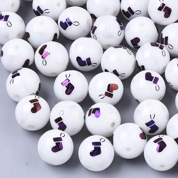 

PandaHall Christmas Opaque Glass Beads, Round with Electroplate Christmas Sock Pattern, Purple Plated, 10mm, Hole: 1.2mm Glass Round White