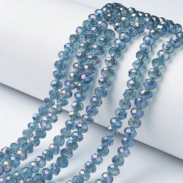 

PandaHall Electroplate Transparent Glass Beads Strands, Full Rainbow Plated, Faceted, Rondelle, Cyan, 4x3mm, Hole: 0.4mm, about...