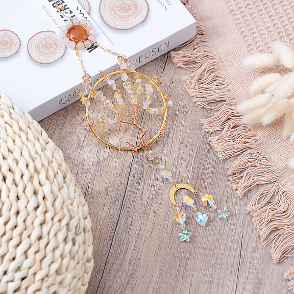 PandaHall Flat Round with Tree of Life Copper Wire Wrapped Natural Citrine Chip Pendant Decorations, Hanging Suncatchers, with Glass Charm...