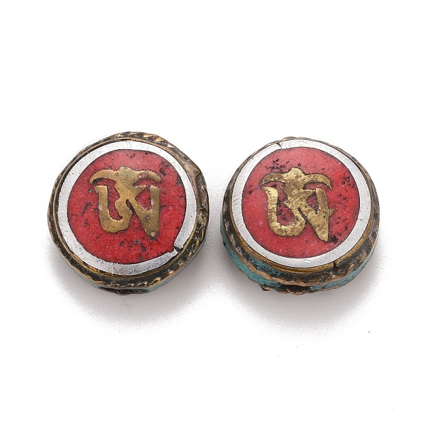 

PandaHall Handmade Tibetan Style Brass Beads, with Synthetic Turquoise, Flat Round, Red, 15.5x8mm, Hole: 1.8mm Brass Flat Round Red