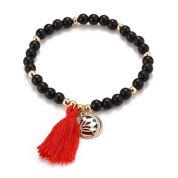

PandaHall Stretch Bracelets Sets, Stackable Bracelets, Including Round Shape Natural Wood Beads & Brass Beads, Lotus Alloy Enamel Pendants..., Red