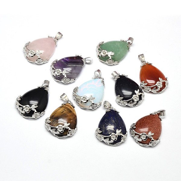 

PandaHall Teardrop with Flower Platinum Plated Brass Natural & Synthetic Mixed Stone Pendants, Cadmium Free & Lead Free, 38x27x9mm, Hole...