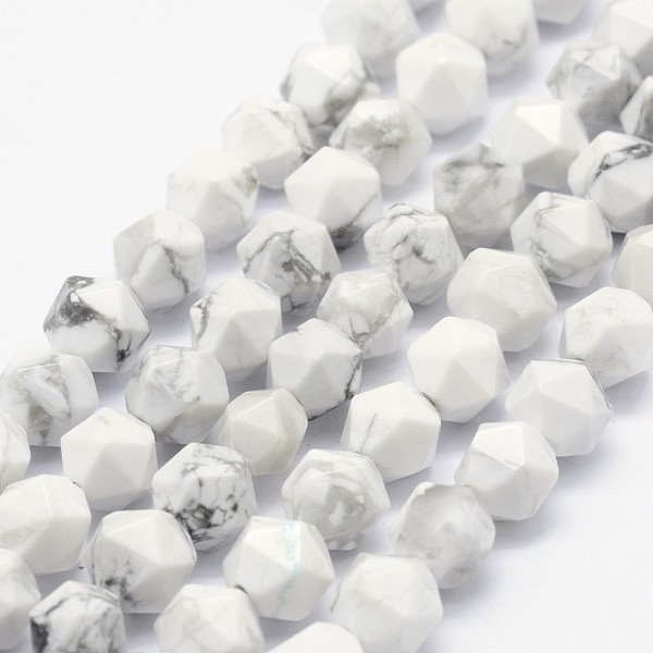 

PandaHall Natural Howlite Beads Strands, Star Cut Round Beads, Faceted, 5.5~6mm, Hole: 1mm, about 63~68pcs/strand, 15.3~15.5 inch(39~39.5cm)..., White