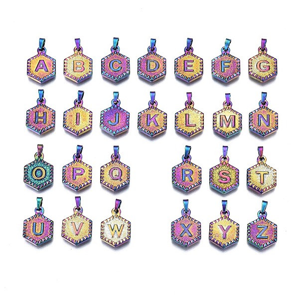 

PandaHall Ion Plating(IP) 304 Stainless Steel Pendants, Hexagon with Alphabet A~Z, Rainbow Color, 17x12x3mm, Hole: 6.5x3mm, about 26pcs/set...