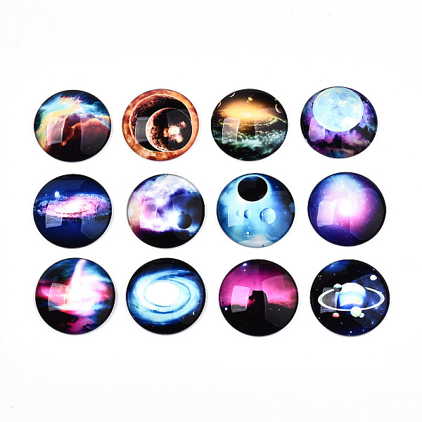 

PandaHall Glass Cabochons, Half Round with Planet Pattern, Mixed Color, 30x8mm, 12pcs/set Glass Half Round Multicolor