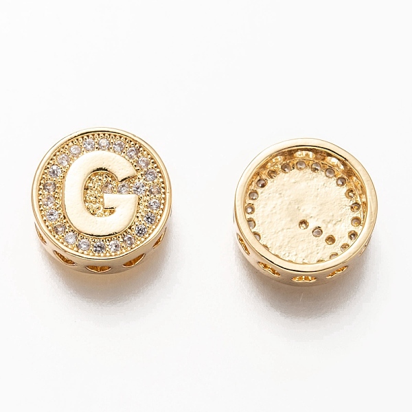 

PandaHall Golden Plated Brass Micro Pave Cubic Zirconia Multi-Strand Links, Flat Round with Letter, Letter.G, 12x4.5mm, Hole: 2mm..., Clear