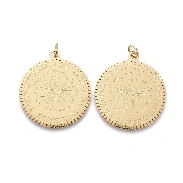 

PandaHall Ion Plating(IP) 304 Stainless Steel Pendants, with Jump Ring, Laser Cut, Flat Round with Flower, Golden, 22.5x20x0.8mm, Jump Ring...