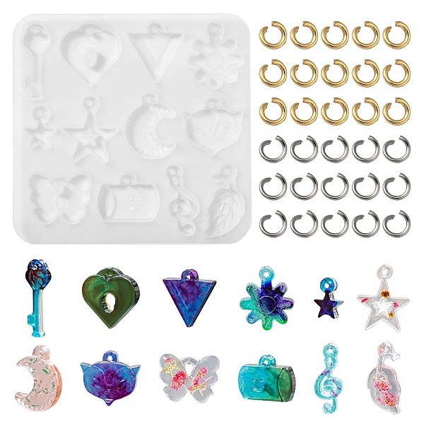 PandaHall 1Pc DIY Pendant Silicone Molds, Heart Key, Heart Lock, Triangle, Flower, Star, Moon, Fox's Head, Butterfly, Musical Note, Leaf...