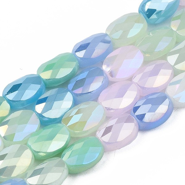 

PandaHall Electroplate Glass Beads Strands, AB Color Plated, Faceted, Oval, Sky Blue, 8x6x4mm, Hole: 1.2mm, about 69~70pcs/strand...