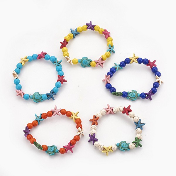 

PandaHall Synthetic Turquoise(Dyed) Beads Kids Stretch Bracelets, Sea Turtle & Starfish/Sea Stars & Round, Mixed Color, 2-1/8 inch(5.5cm)..., Multicolor