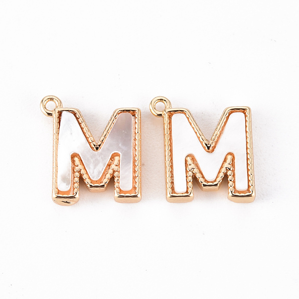 

PandaHall Brass Charms, with Shell, Real 18K Gold Plated, Nickel Free, Letter.M, 10x9.5x2mm, Hole: 0.9mm White Shell Letter M