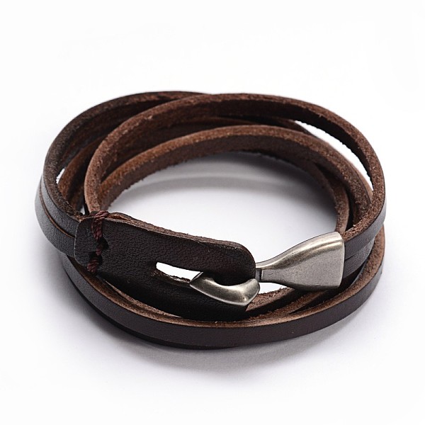 

PandaHall Cowhide Leather Wrap Bracelets, 3-Loop, with Alloy Clasps, Coconut Brown, Antique Silver, 23.6 inch(60cm), 8mm Leather Brown