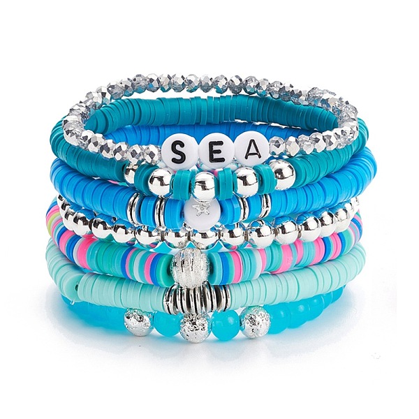 

PandaHall Handmade Polymer Clay Heishi Beads Stretch Bracelets Set, Transparent Glass Round Beads Bracelets, Sea Word Acrylic Beads..., Blue