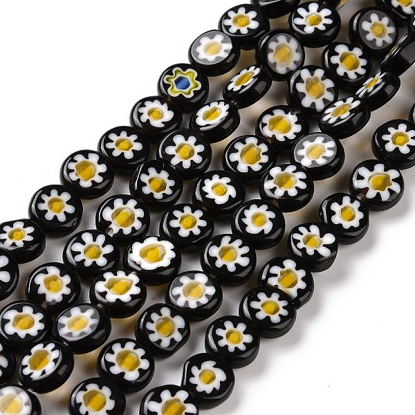 

PandaHall Handmade Millefiori Glass Flat Round Bead Strands, Single Flower Design, Black, 8x4mm, Hole: 1mm, about 53pcs/strand, 14.7 inch...